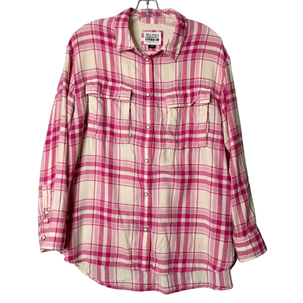 AE Oversized‎ Long Sleeve Plaid Pearl Snap Shirt Womens S Pink Lived In Western